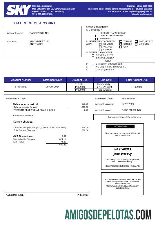 Para baixar modelo Word e PDF de fatura de serviços públicos da Filipinas Sky Cable Corporation (2)